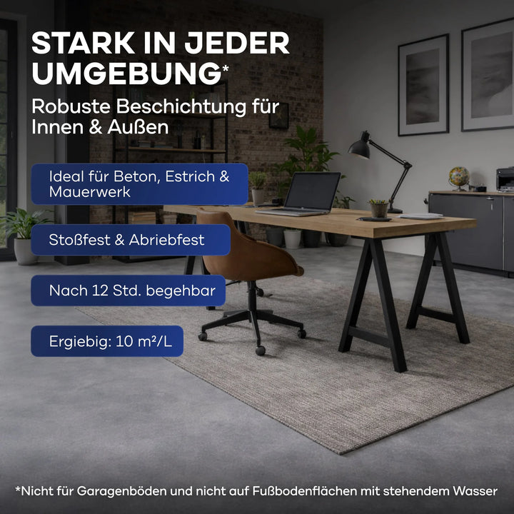 Ein modernes Büro mit Holzschreibtisch, Stuhl, Computer und Pflanzen. Highlight plid Betonfarbe-Anstreichset: schlagfeste Bodenfarbe für Beton, begehbar nach 12h, deckt 10 m²/L. Nicht für Garagen geeignet.