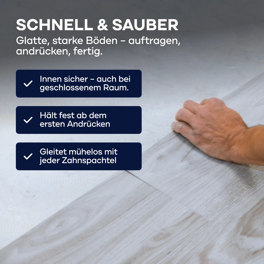 Eine Hand drückt den "plid Universal Bodenkleber - stark haftend" auf einen hellen Holzboden. Drei blaue Textfelder mit Häkchen zeigen Vorteile: Sicherheit, fester Halt und einfache Verarbeitung. Oben steht "Schnell &amp; Sauber".