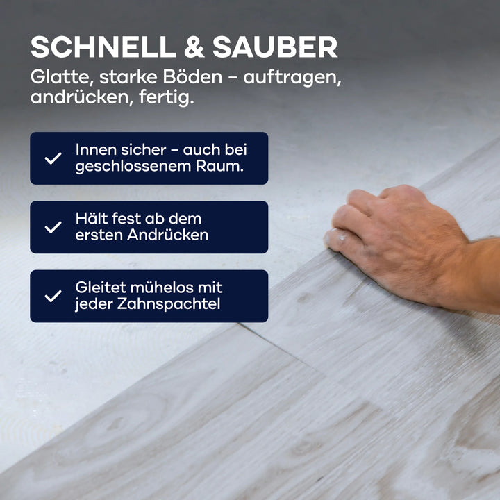Eine Hand drückt den "plid Universal Bodenkleber - stark haftend" auf einen hellen Holzboden. Drei blaue Textfelder mit Häkchen zeigen Vorteile: Sicherheit, fester Halt und einfache Verarbeitung. Oben steht "Schnell &amp; Sauber".