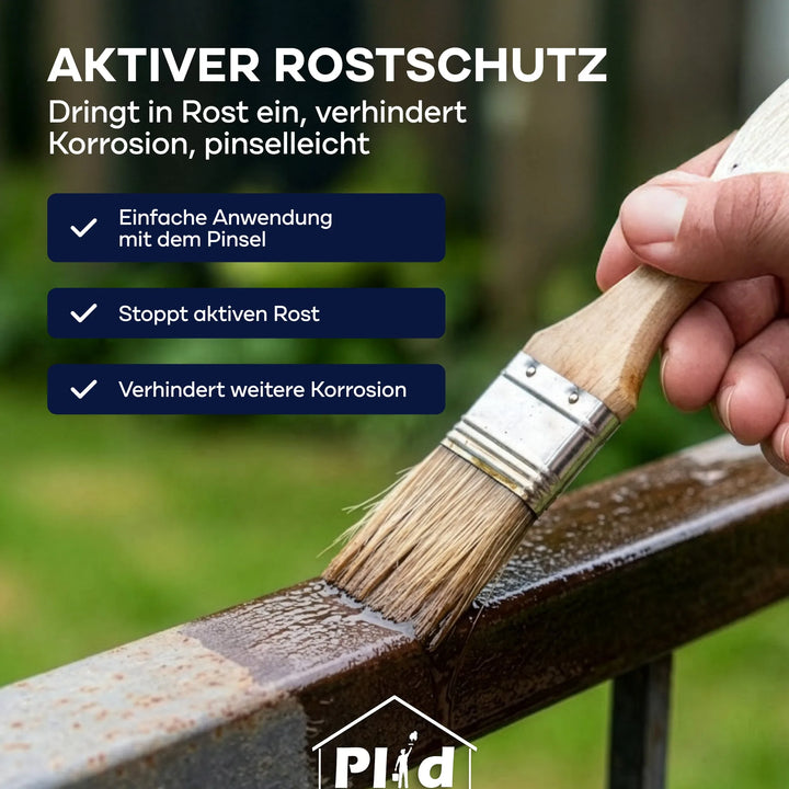 Eine Hand trägt mit einem Pinsel das Rostschutz Öl Penetrox Rostversiegelung von PLID Shop auf einen Metallgeländer auf: einfache Anwendung, stoppt Rost und schützt Auto-, Motorrad- oder Oldtimerteile dauerhaft vor Korrosion.