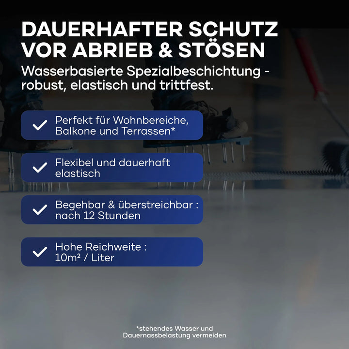 Eine Grafik wirbt für plid Flüssigkunststoff Bodenbeschichtung für Innen &amp; Außen - Betonfarbe und stellt die haltbare, flexible, schnell trocknende Formel (begehbar in 12 Stunden) und die hohe Deckkraft von 10 m²/L für Böden in Wohnungen, auf Balkonen und Terrassen vor.