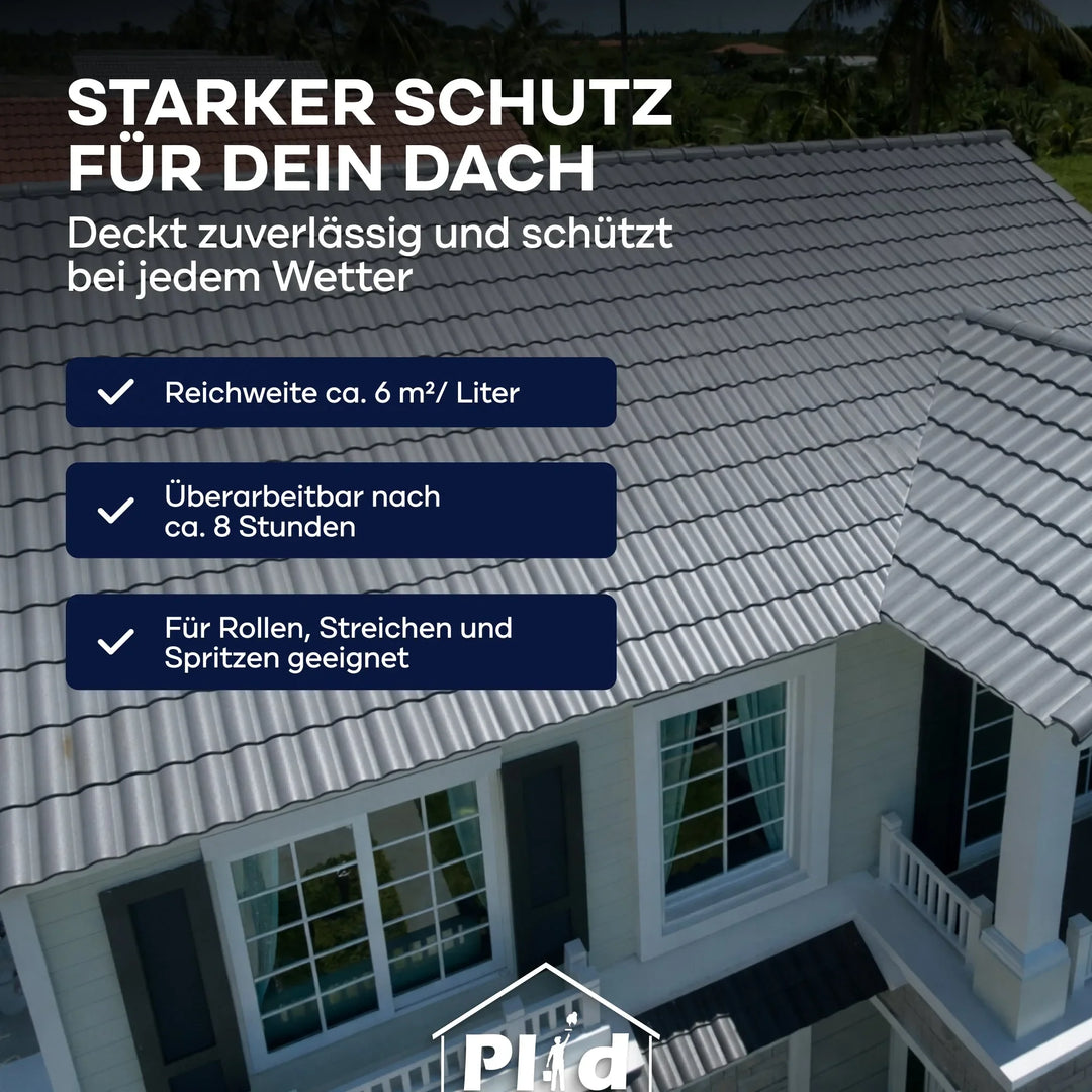 Ein Haus mit grauem Ziegeldach wird von oben gezeigt. Deutscher Text hebt PLID Shop Sockel- &amp; Dachfarbe außen - wetterfest &amp; hochdeckend hervor: 6 m²/L Deckkraft, überstreichbar nach 8h, geeignet zum Rollen, Streichen oder Spritzen.