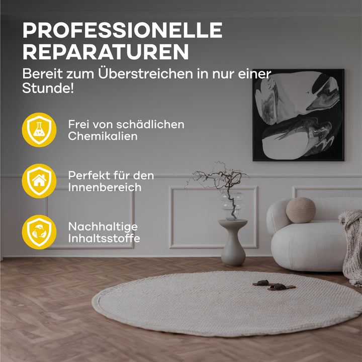 Modernes Wohnzimmer mit rundem Teppich, Vase und Wandkunst. Text: "plid Rauhfaser Reparatur-Spachtel - Dübellöcher ausbessern &amp; in 1 Stunde überstreichbar!" Drei gelbe Symbole zeigen Vorteile des Produkts.