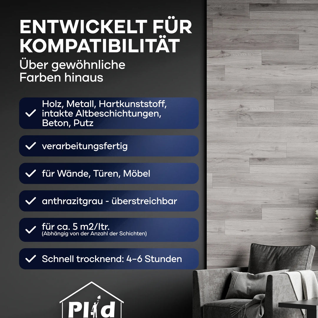 Werbegrafik für plid Magnetfarbe - haftstark &amp; überstreichbar für viele Oberflächen: gebrauchsfertig, anthrazitgrau, deckt 5,2 m²/l, schnelltrocknend in 4-6h-ideal für Wände, Türen, Möbel und zur Erstellung einer magnetischen Wandfarbe Memoboard.