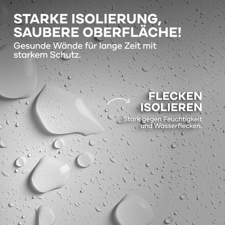 Wassertropfen auf glatter, hellgrauer Oberfläche mit deutschem Text, der für plid Isolierfarbe LH Anstreichset - Nikotinsperre gegen Verfärbungen für starke Isolierung, saubere Oberflächen und wirksamen Schutz vor Feuchtigkeit und Flecken wirbt.