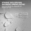 Nahaufnahme von Wassertropfen auf einer glatten, hellgrauen Wand. Der deutsche Text hebt die plid Isolierfarbe LH Anstreichset - Nikotinsperre gegen Verfärbungen hervor, die starke Feuchtigkeitsbeständigkeit und Schutz für eine saubere, isolierte Oberfläche bietet. Subtile gepunktete Textur im Hintergrund.