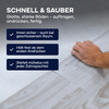 Eine Hand trägt Plid Universal Bodenkleber - stark haftend von plid auf hellem Holzboden auf. Links drei Vorteile in blauen Kästen: sicher für Innenräume, hält beim ersten Andrücken, gleitet mit jeder Zahnspachtel.