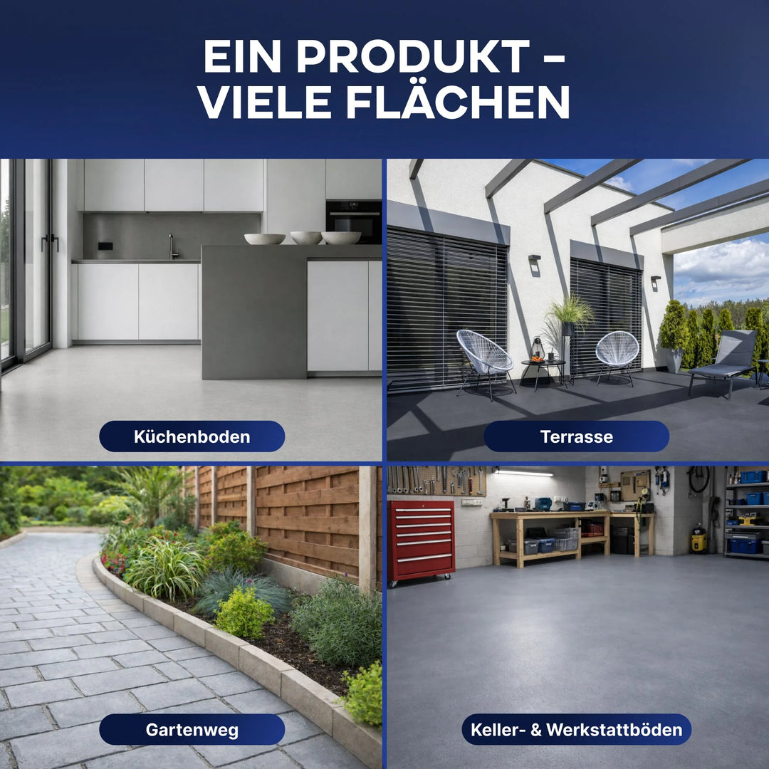 Eine Collage zeigt einen modernen Küchenboden, eine Terrasse mit Stühlen, einen Gartenweg und eine Garage - alles mit plid Betonfarbe für Böden &amp; Wände, dem abriebfesten, wetterfesten Bodenbelag von plid für den vielseitigen Einsatz im Innen- und Außenbereich.