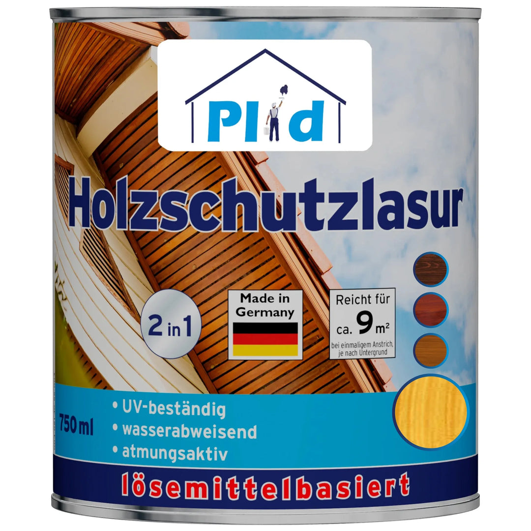 Eine 750 ml Dose plid Holzschutzlasur außen wetterfest & atmungsaktiv mit deutscher Beschriftung. Lösemittelhaltig, UV-beständig, wasserabweisend und atmungsaktiv - ideal für den Holzschutz im Außenbereich. Deckt ca. 9 m² ab.