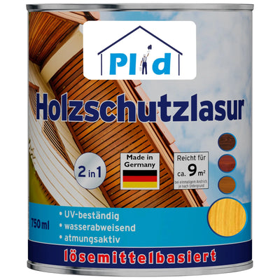 Eine 750 ml Dose plid Holzschutzlasur außen wetterfest & atmungsaktiv mit deutscher Beschriftung. Lösemittelhaltig, UV-beständig, wasserabweisend und atmungsaktiv - ideal für den Holzschutz im Außenbereich. Deckt ca. 9 m² ab.