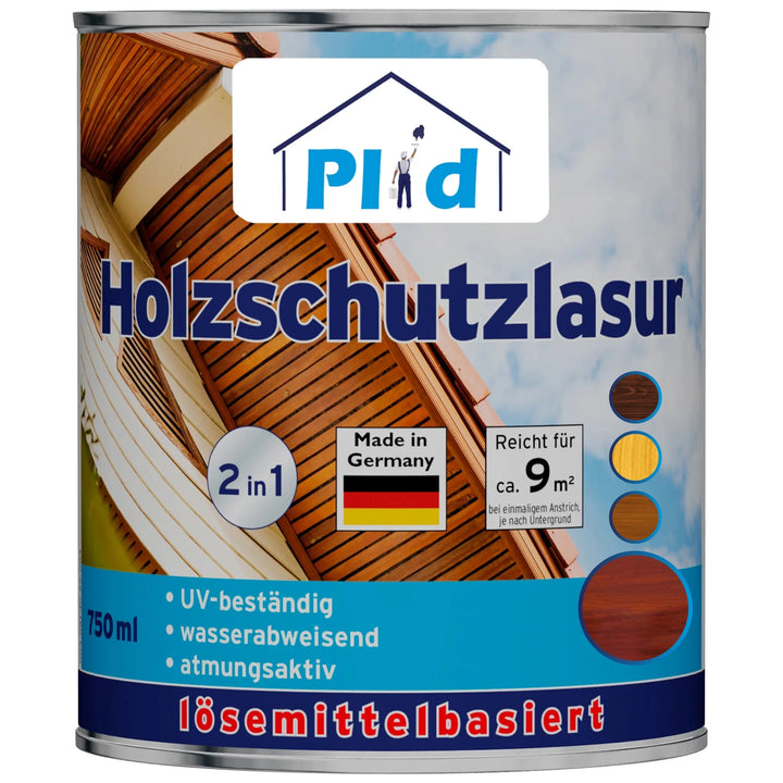 Auf einer Dose plid Holzschutzlasur außen wetterfest &amp; atmungsaktiv steht ein deutscher Text über UV-Beständigkeit, Wasserabweisung, 9 m² Deckkraft, Holzschutz im Außenbereich, Made in Germany und illustrierte Holzfarbmuster.
