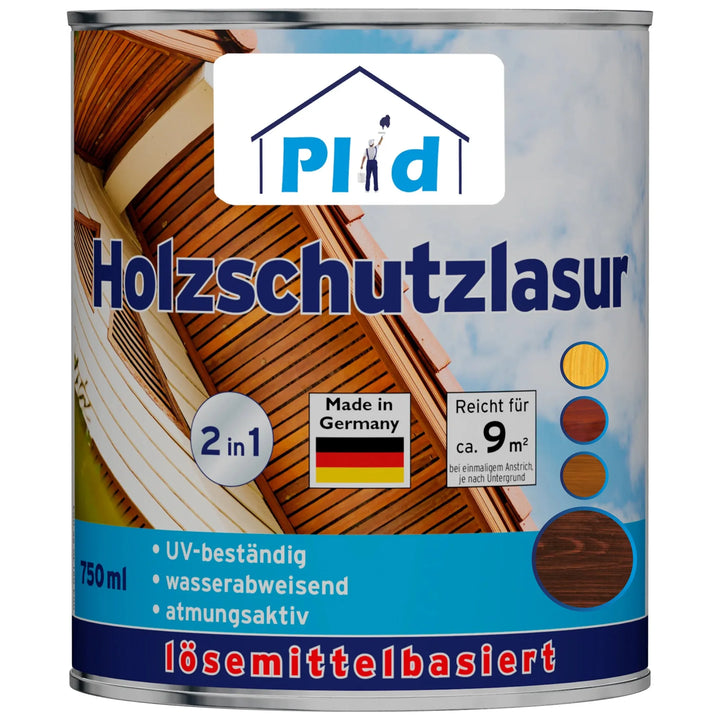 Eine Dose plid Holzschutzlasur außen wetterfest &amp; atmungsaktiv, gekennzeichnet als lösemittelhaltige Schutzlasur mit einem Hausbild, Deutschlandflagge, UV-beständig und wasserabweisend. Braunes Holzmuster und deutscher Text - idealer Holzschutz für den Außenbereich.