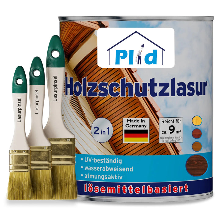 Eine Dose plid Holzschutzlasur - Pinselset für Holz im Außenbereich, mit einer Hausgrafik, der deutschen Flagge und Symbolen für UV-Schutz, Wasserabweisung und Lösemittelbasis. Inklusive drei Pinseln, die neben der Dose platziert sind.