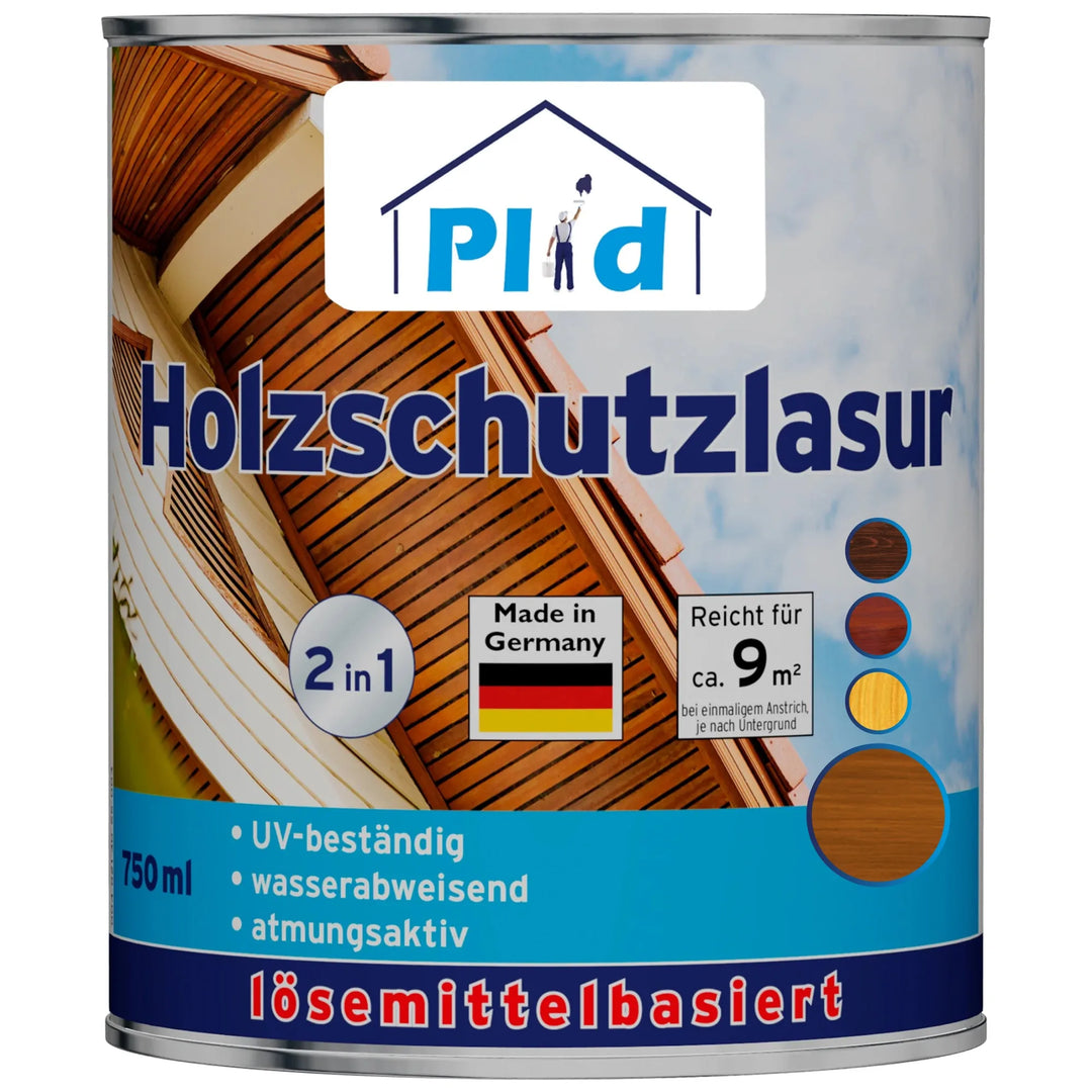 Eine 750 ml Dose plid Holzschutzlasur außen wetterfest &amp; atmungsaktiv deckt bis zu 9 m². UV-beständig, wasserabweisend und atmungsaktiv - ideal für den Holzschutz im Außenbereich. Das Etikett zeigt Holzmuster und eine Made in Germany-Plakette.