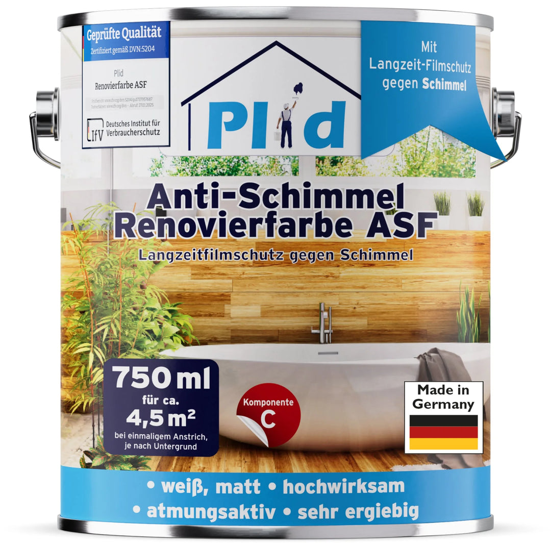 Eine 750-ml-Dose plid Anti-Schimmel Renovierfarbe Langzeit-Filmschutz für den Schimmelschutz in Feuchträumen, mit Bad-Image, Mattierung, Atmungsaktivität, Langzeit-Filmschutz und Made in Germany.