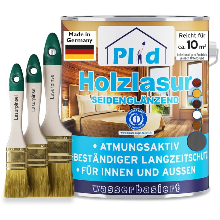Das plid Holzlasur - Anstreichset enthält eine Dose wasserbasierter, atmungsaktiver, wetterfester Holzlasur für lang anhaltenden Schutz, made in Germany, sowie drei Lasurpinsel neben der Dose.