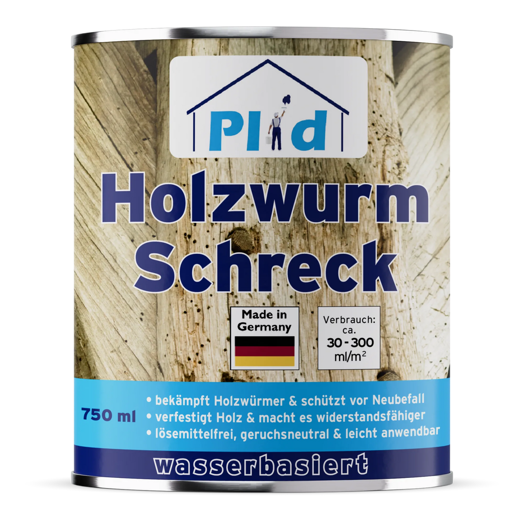 Eine 750-ml-Dose plid Plid Holzwurm Schreck - Effektiver Schutz vor Holzwürmer und Neubefall, ein wasserbasierter Holzschutz made in Germany, mit holzbezogenem Etikett, ideal zur effektiven Holzwurmprävention und -bekämpfung.