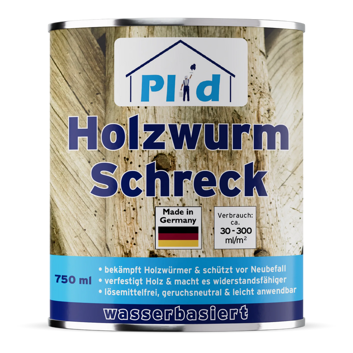 Eine 750-ml-Dose plid Plid Holzwurm Schreck - Effektiver Schutz vor Holzwürmer und Neubefall, ein wasserbasierter Holzschutz made in Germany, mit holzbezogenem Etikett, ideal zur effektiven Holzwurmprävention und -bekämpfung.