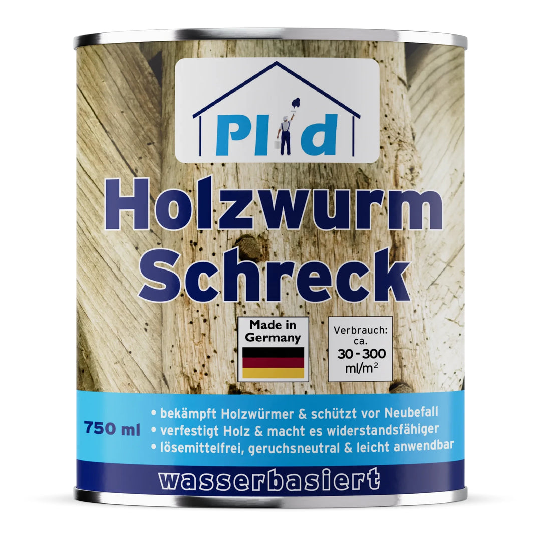 Eine 750-ml-Dose plid Plid Holzwurm Schreck - Effektiver Schutz vor Holzwürmer und Neubefall, ein wasserbasierter Holzschutz made in Germany, mit holzbezogenem Etikett, ideal zur effektiven Holzwurmprävention und -bekämpfung.