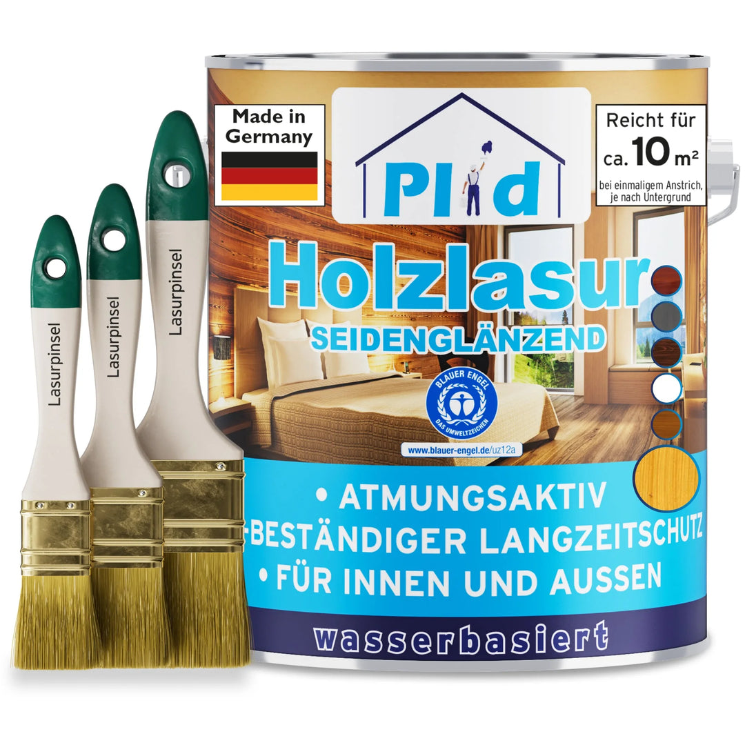 Eine Dose von plid Holzlasur - Anstreichset mit drei Bürsten. Bietet dauerhaften Holzschutz, ist atmungsaktiv, wetterfest und für den Innen- und Außenbereich geeignet. Hergestellt in Deutschland.
