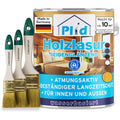 Eine Dose von plid Holzlasur - Anstreichset mit drei Bürsten. Bietet dauerhaften Holzschutz, ist atmungsaktiv, wetterfest und für den Innen- und Außenbereich geeignet. Hergestellt in Deutschland.