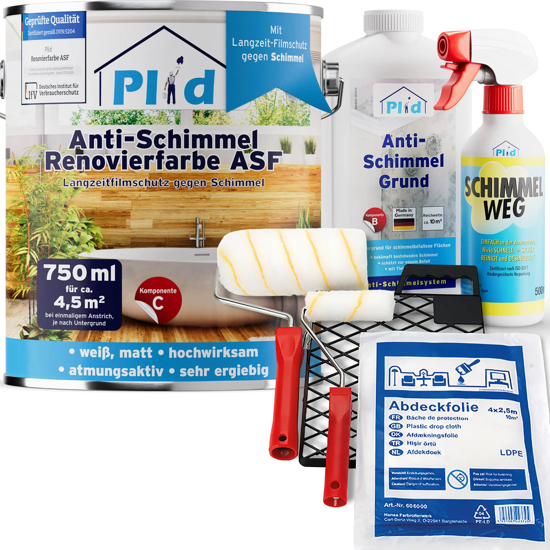 Ein Set von plid Anti-Schimmel Renovierfarbe Langzeit-Filmschutz Artikeln für Feuchträume: große Farbdose, Grundierflasche, Sprühflasche, Rolle, Schale, Klebeband und Plastikfolie. Die deutschen Etiketten enthalten Informationen zur Schimmelentfernung und zum Schutz.