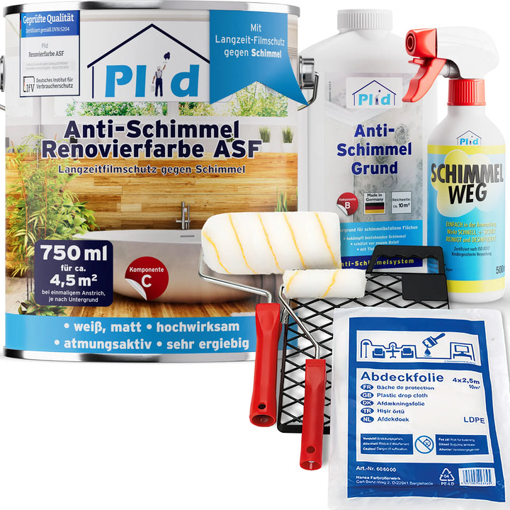 Ein Set von plid Anti-Schimmel Renovierfarbe Langzeit-Filmschutz Artikeln für Feuchträume: große Farbdose, Grundierflasche, Sprühflasche, Rolle, Schale, Klebeband und Plastikfolie. Die deutschen Etiketten enthalten Informationen zur Schimmelentfernung und zum Schutz.