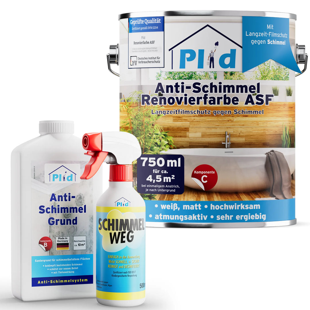 Drei plid Anti-Schimmel-Produkte: eine große Anti-Schimmel Renovierfarbe Langzeit-Filmschutz Farbdose, eine Sprühflasche und eine Plastikflasche. Deutsche Etiketten zeigen Häuser und versprechen Langzeit-Schimmelschutz für Feuchträume.