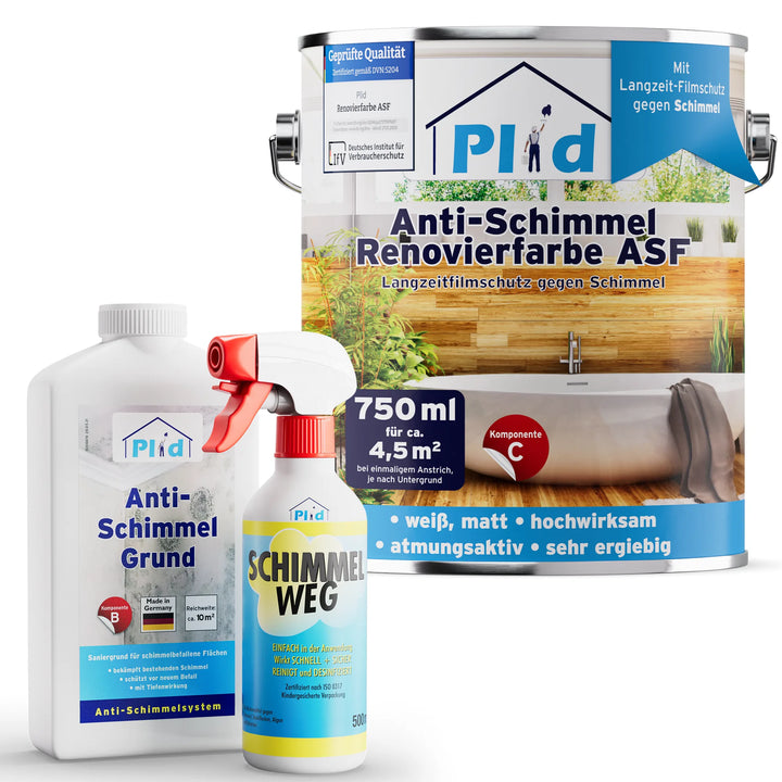 Drei plid Anti-Schimmel-Produkte: eine große Anti-Schimmel Renovierfarbe Langzeit-Filmschutz Farbdose, eine Sprühflasche und eine Plastikflasche. Deutsche Etiketten zeigen Häuser und versprechen Langzeit-Schimmelschutz für Feuchträume.
