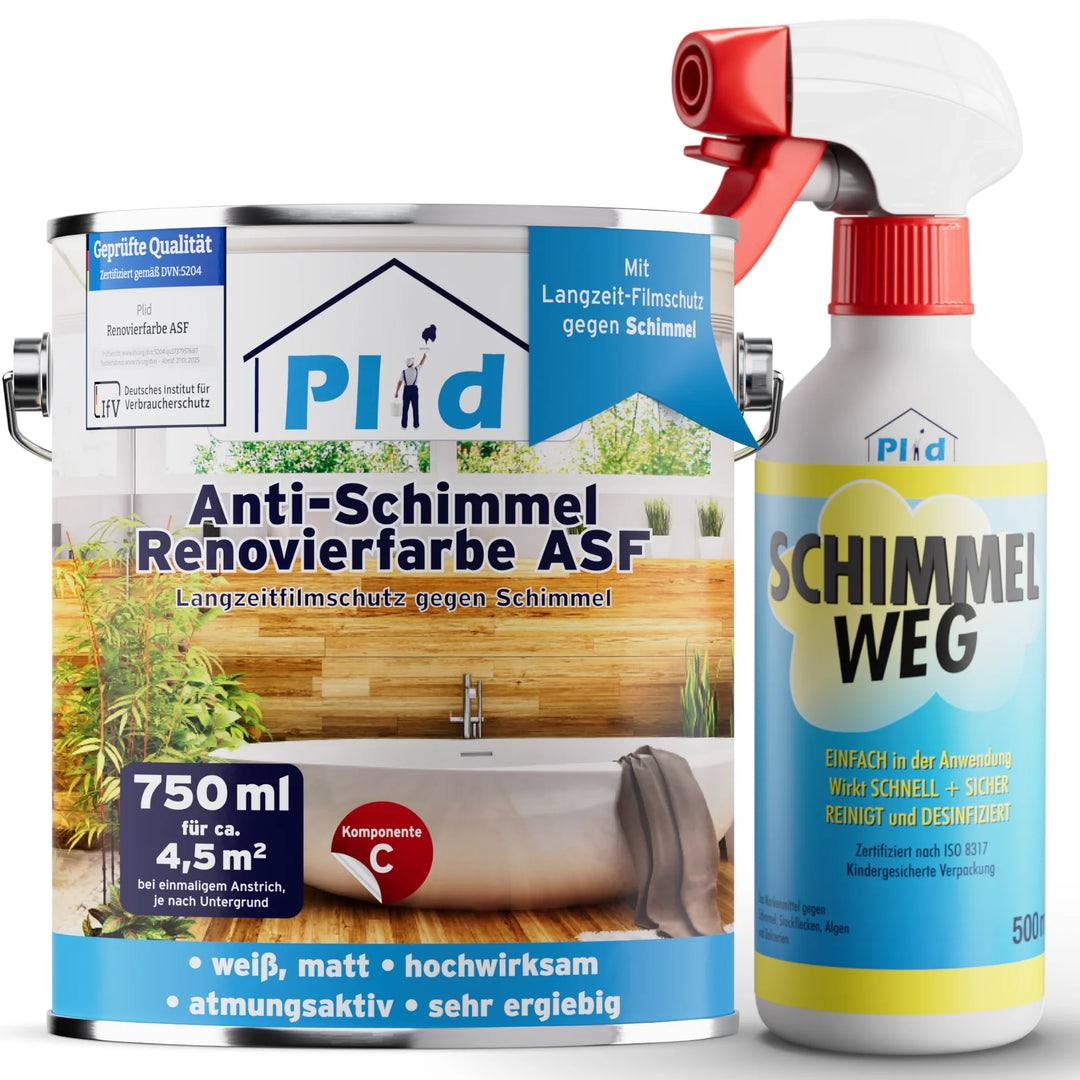 Eine Dose plid Anti-Schimmel Renovierfarbe Langzeit-Filmschutz und eine 500ml Sprühflasche plid SCHIMMEL WEG für Feuchträume, beide mit deutschem Text und blau-weiß-grünem Design.