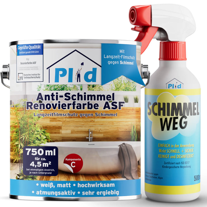 Eine Dose plid Anti-Schimmel Renovierfarbe Langzeit-Filmschutz und eine 500ml Sprühflasche plid SCHIMMEL WEG für Feuchträume, beide mit deutschem Text und blau-weiß-grünem Design.