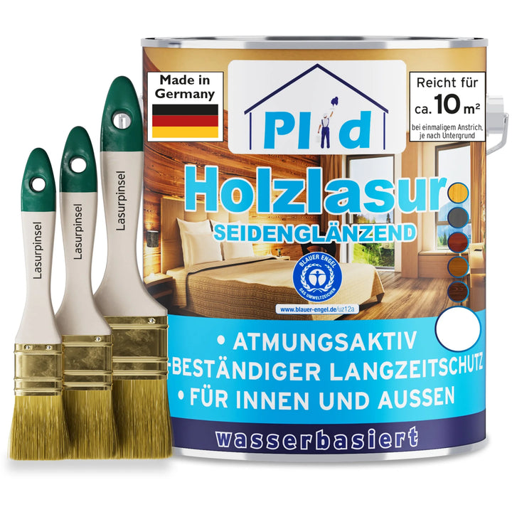 Eine Dose plid Holzlasur - Anstreichset mit seidenmattem Finish und deutscher Beschriftung steht neben drei Pinseln. Die atmungsaktive, wetterfeste Holzlasur sorgt für dauerhaften Schutz, ist "Made in Germany" und zeigt ein Raumbild.