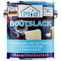 Eine Dose plid Plid Bootslack - wetterfest & hochglänzend für Holz & Außenbereich, lösemittelhaltig, transparent, wetterfest und seewasserbeständig - ideal als Schiffslack oder Parkettlack. Deckt ~8 m². Made in Germany; das Etikett zeigt ein Bootsinterieur.