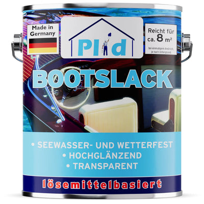 Eine Dose plid Plid Bootslack - wetterfest & hochglänzend für Holz & Außenbereich, lösemittelhaltig, transparent, wetterfest und seewasserbeständig - ideal als Schiffslack oder Parkettlack. Deckt ~8 m². Made in Germany; das Etikett zeigt ein Bootsinterieur.