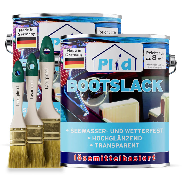 Zwei Dosen plid Bootslack - Anstreichset mit deutschen Etiketten und einem glänzenden Bootsinneren. Drei Lasurpinsel stehen daneben. Dieser wasser- und wetterfeste, hochglänzende transparente Holzlack ist ideal für Boote.