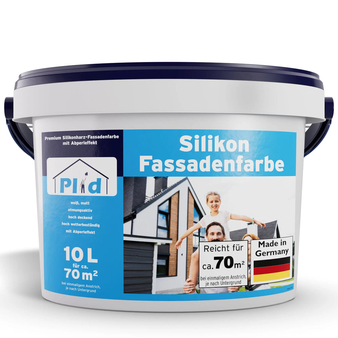 Ein weißer Plastikeimer von plid Silikon-Fassadenfarbe wasserabweisend &amp; atmungsaktiv (10L, reicht für 70 m²), mit einem blauen Etikett, das ein modernes Haus und ein lächelndes Kind auf den Schultern eines Mannes zeigt. Merkmale Wetterschutz, Abperleffekt, Made in Germany.