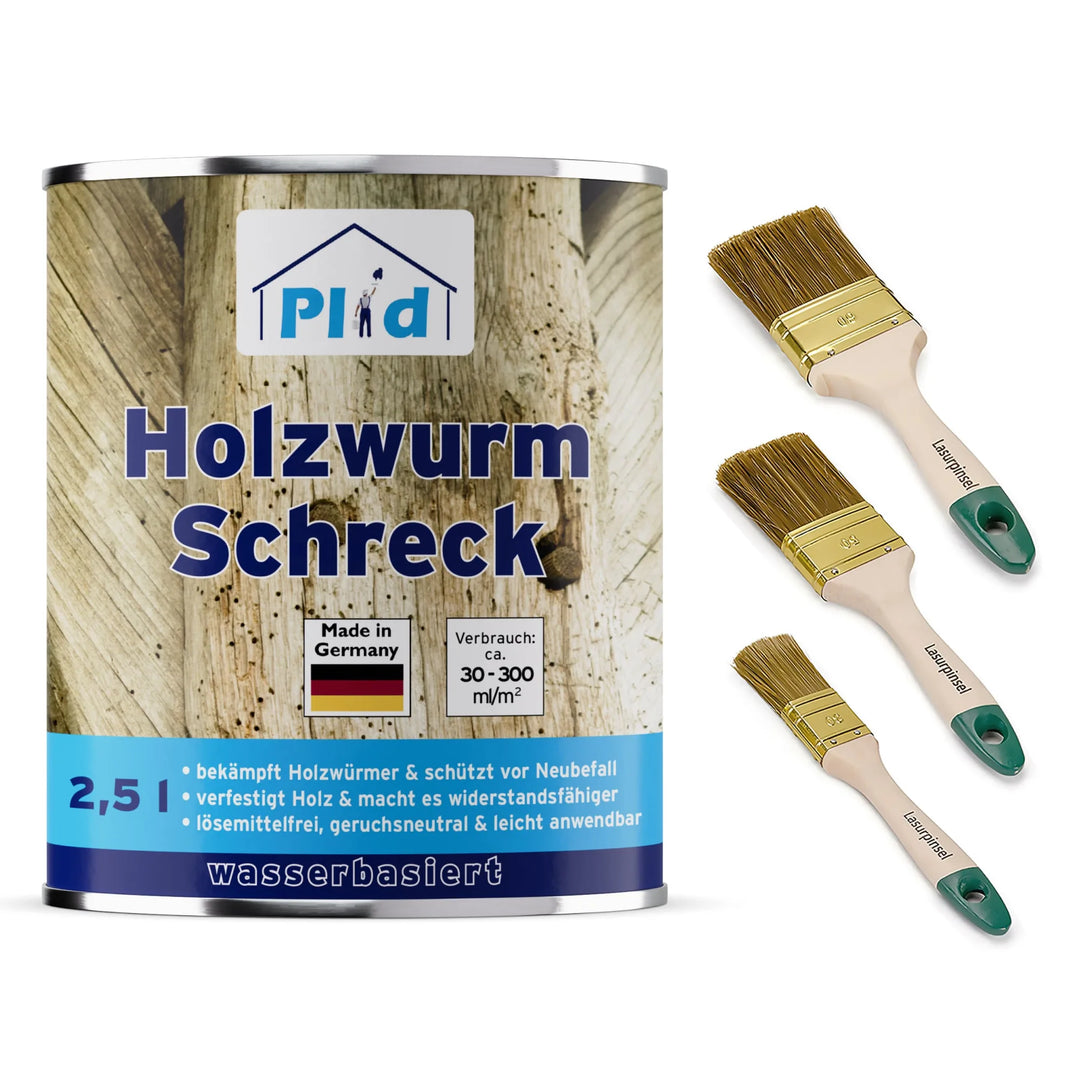 Eine 2,5-Liter-Dose plid Holzwurm Schreck - Anstreichset Holzbehandlung mit drei Bürsten mit grünem Stiel und Goldzwinge, mit deutschem Text und Holzstruktur-Design, ideal für eine effektive Holzwurmbekämpfung.