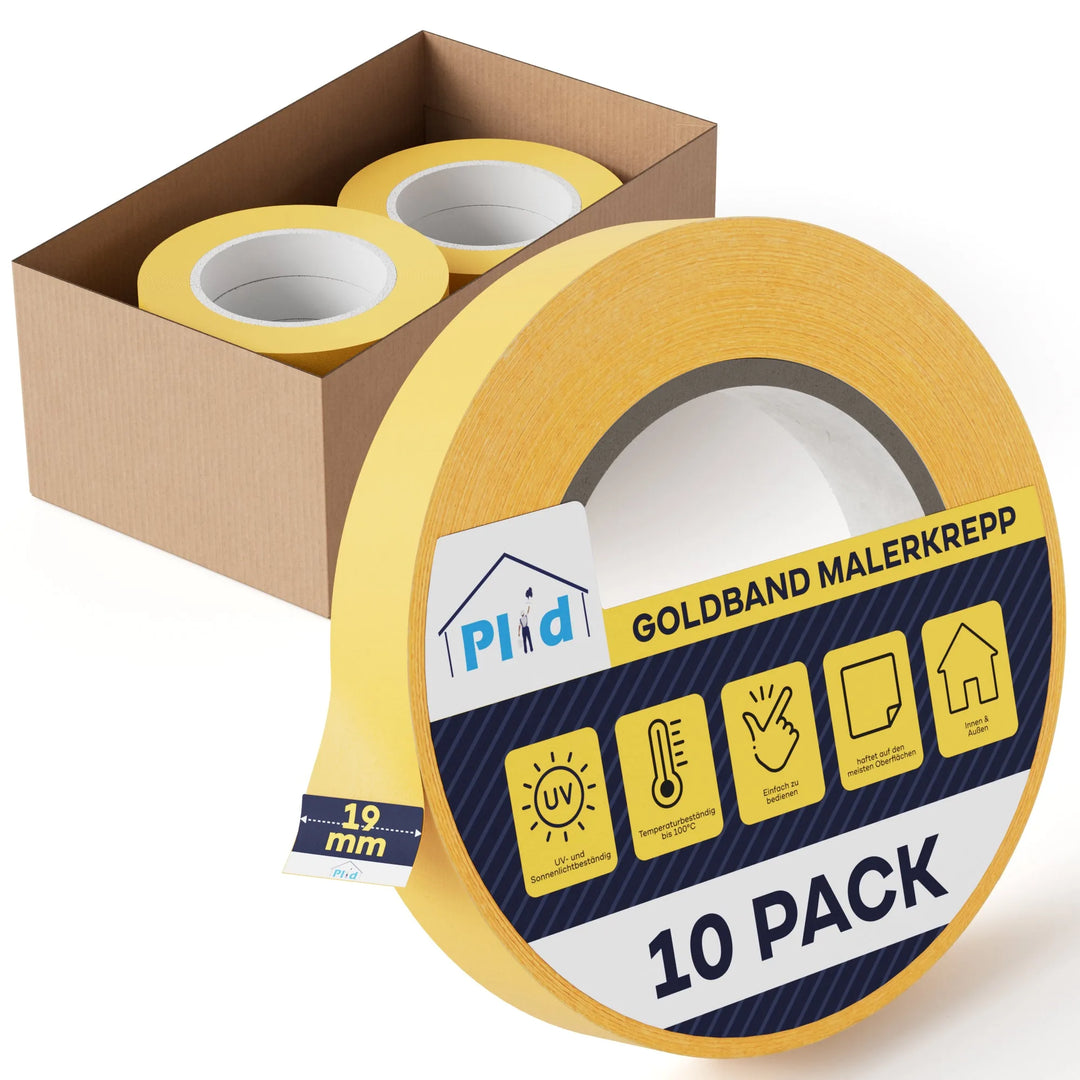 Ein Zehnerpack Plid Goldband Malerkrepp - Premium Abklebeband für exakte Farbkanten &amp; saubere Linien von PLID Shop, in einer Schachtel, mit einer Rolle auf der Vorderseite, die Symbole für UV-Beständigkeit, leichtes Abreißen, handfreundliche Verwendung, einfaches Entfernen, scharfe Linien &amp; 19mm Breite zeigt.