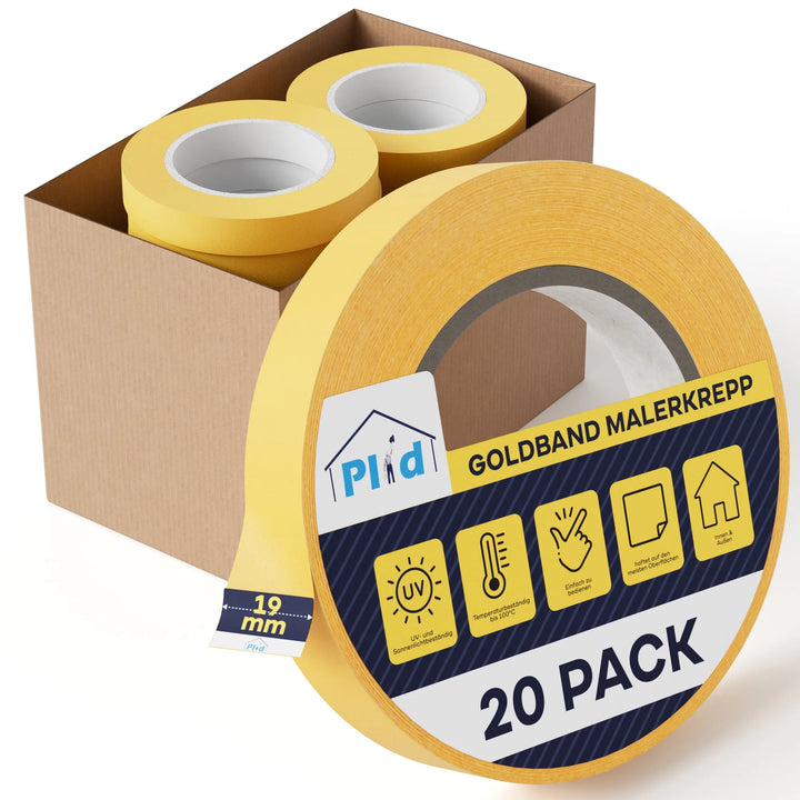 Ein Karton mit mehreren Rollen Plid Goldband Malerkrepp aus dem PLID Shop, mit einem Goldband-Etikett für scharfe Farbkanten, 20er-Pack (19 mm), sowie Icons für UV-Beständigkeit und leichtes Entfernen.