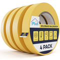 Vier Rollen Plid Goldband Malerkrepp aus dem PLID Shop sind in einer Reihe gestapelt. Das Etikett der vorderen Rolle hebt die hochwertigen Abklebeband-Eigenschaften, eine Breite von 19 mm und "Goldband Malerkrepp 4 Pack für exakte Farbkanten & saubere Linien" hervor.