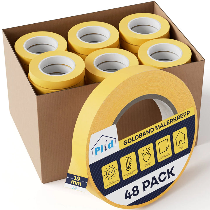 Eine Schachtel mit mehreren Rollen Plid Goldband Malerkrepp - Premium Abklebeband für exakte Farbkanten &amp; saubere Linien aus dem PLID Shop, mit einer Rolle vorne mit der Aufschrift "Plid Goldband Malerkrepp 48 Pack 19 mm" und Symbolen für Farbkanten und Anwendungen.