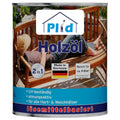 Eine Dose plid Holzöl natürlich & pflegend für Holz innen & außen zeigt eine Frau, die sich auf einer Holzbank ausruht. Das Etikett verweist auf die deutsche Herkunft, die UV-Beständigkeit, den Hartholzschutz, die Eignung für die Gartenmöbelpflege und die lösemittelbasierte Rezeptur.