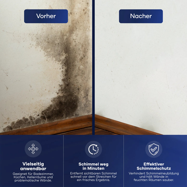 Das Bild zeigt eine schimmelige Wand (Vorher) im Vergleich zu einer sauberen Wand (Nachher). Drei blaue Kästchen unterstreichen die Vielseitigkeit von plid Anti-Schimmel Renovierfarbe Langzeit-Filmschutz, die schnelle Schimmelbeseitigung und den lang anhaltenden Schutz in Feuchträumen.