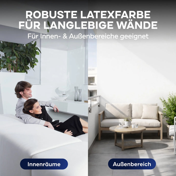 Ein geteiltes Bild zeigt ein Paar in einem Innenraum auf einem Sofa und einen gemütlichen Außenbereich. Text-Highlights plid Latexfarbe scheuerbeständig &amp; hochdeckend innen - die langlebige, strapazierfähige Wandfarbe für Ihre Wohnräume.