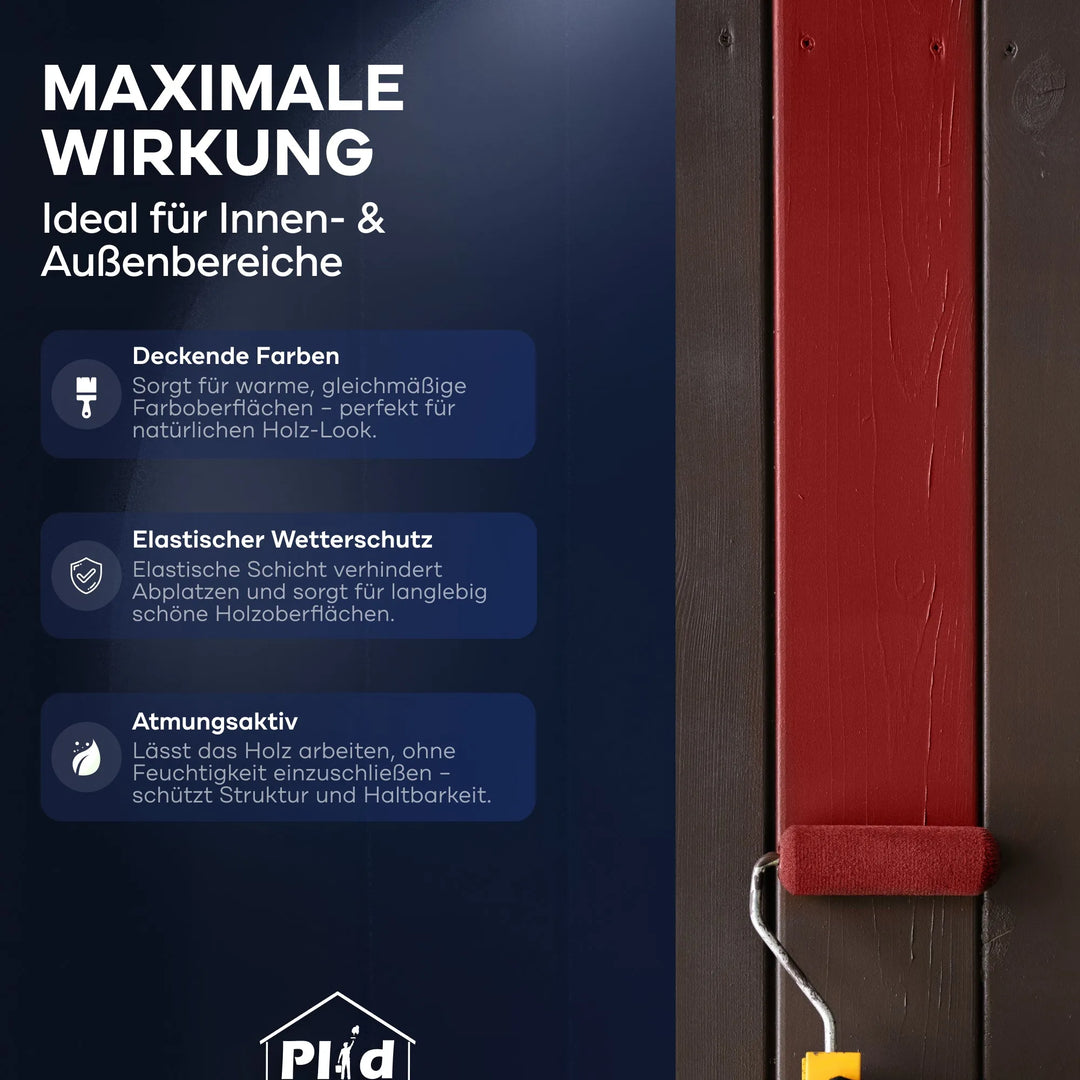 Eine Farbrolle trägt die rote Plid Wetterschutz Holzfarbe by plid auf Holz auf. Auf der linken Seite hebt der Text die Deckkraft, den Wetterschutz und die Atmungsaktivität hervor - ideal für den Holzschutz im Innen- und Außenbereich. Der Hintergrund ist dunkelblau.