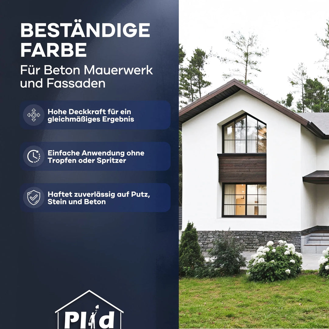Ein modernes Haus mit weißen Wänden und dunkler Verkleidung ist von Grün umgeben. Der Text auf der linken Seite wirbt für plid Silikon-Fassadenfarbe wasserabweisend &amp; atmungsaktiv, die dauerhaften Schutz, hohe Deckkraft, einfache Anwendung und starke Haftung bietet.