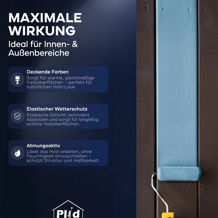 Die plid Holzfarbe - Anstreichset blaue Farbrolle beschichtet eine braune Holzoberfläche. Deutscher Text hebt hervor: Maximale Wirkung, ideal für innen/außen, deckende Farbe, Wetterschutz und Atmungsaktivität.