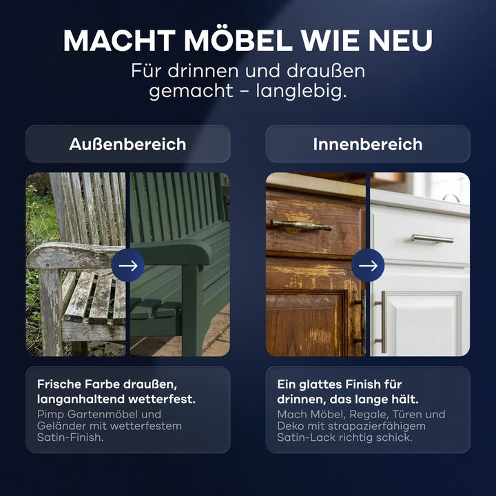 Geteiltes Bild: Links, eine grüne Bank vor und nach der Verwendung von plid Plid® Möbellack Innen &amp; Außen - Buntlack für Möbel &amp; Holz; rechts, ein weißer Schrank mit abgenutzter vs. frisch lackierter Tür. Der deutsche Text hebt die Vorteile von plid Buntlack 2in1 hervor.