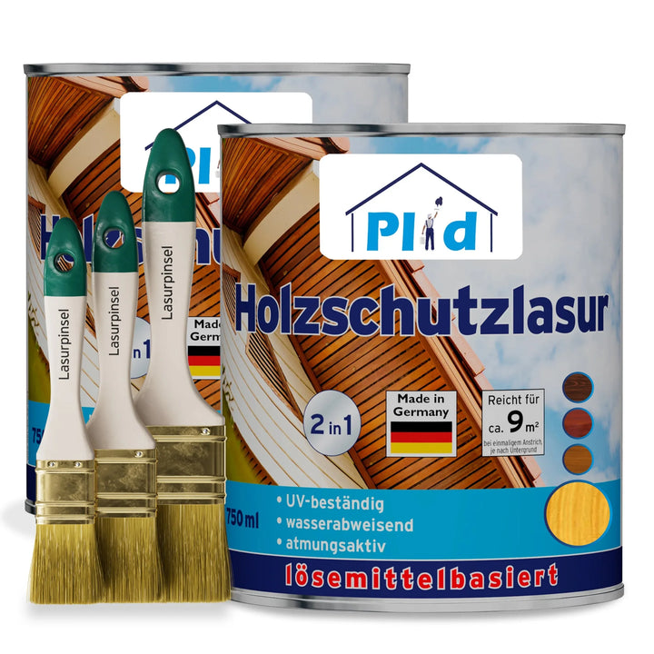 Das plid Holzschutzlasur - Pinselset wird mit drei Pinseln und zwei Dosen gezeigt, die mit deutschem Text und Holzbildern versehen sind, die UV-Schutz, wasserabweisende und lösemittelhaltige Eigenschaften für die Holzpflege im Außenbereich hervorheben.