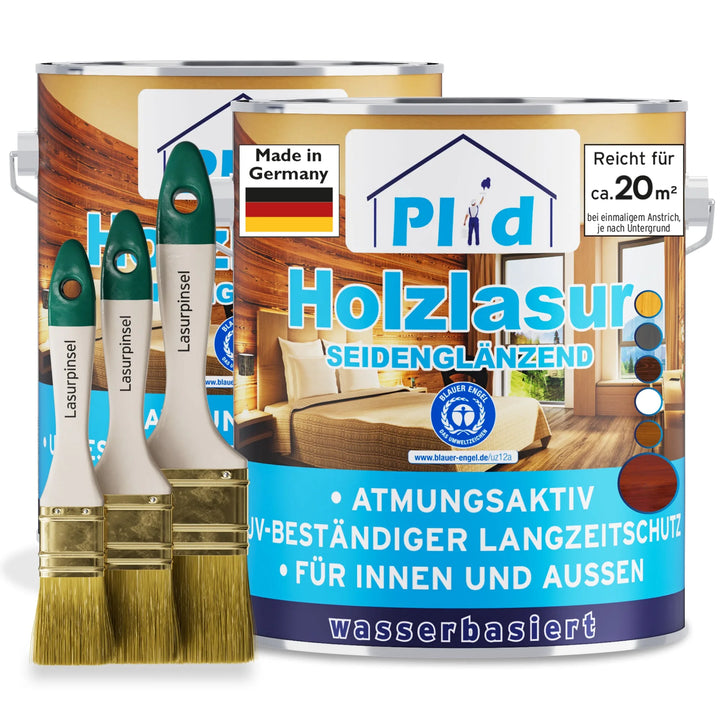 Zwei Dosen plid Holzlasur - Anstreichset mit drei Pinseln auf der Vorderseite. Die Dosen zeigen ein Wohnzimmerbild und einen deutschen Text, der Holzschutz, Witterungsbeständigkeit, UV-Schutz, Atmungsaktivität und eine wasserbasierte Formel hervorhebt.